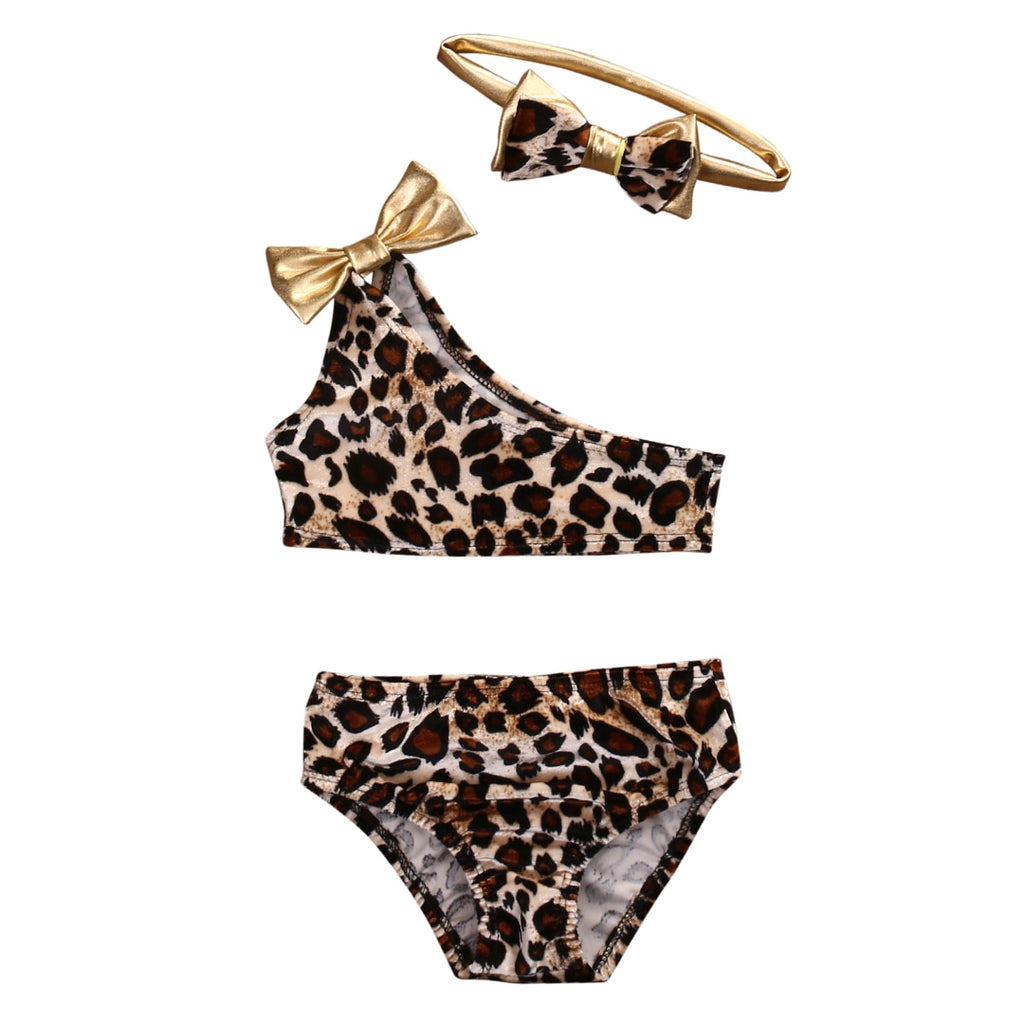 2017 3pcs Kids Baby Girls Leopard Off-shoulder Bow Bikini Set Swimwear Swimsuit Bathing Suit Costume Clothing