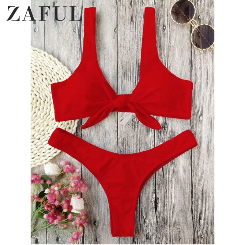 ZAFUL Bikini Knotted Padded Thong Bikini Set Women Swimwear Swimsuit Scoop Neck Solid High Cut Bathing Suit Brazilian Biquni