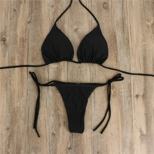 2pcs Bikini Set Padded Bra Women Push-up Triangle Solid Swimwear Bandage Bathing Suit Swimsuit Swimming Suit