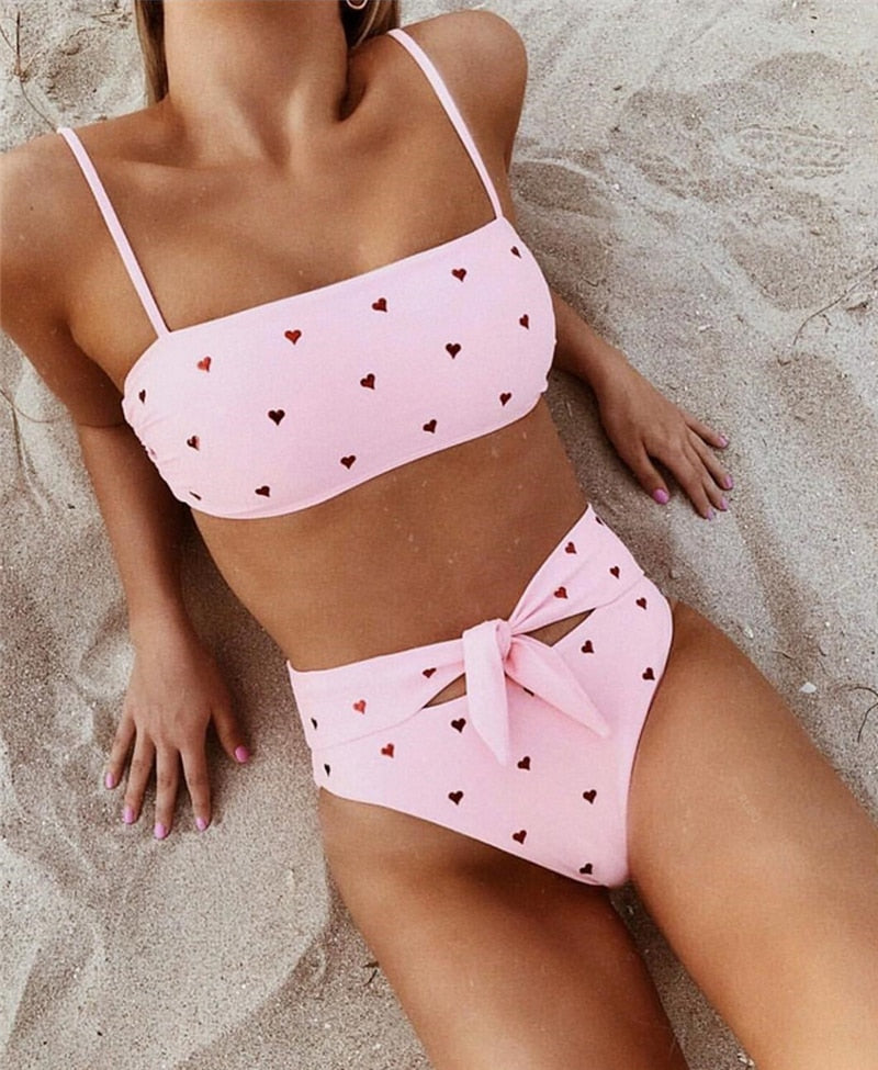 2019 Summer Fashion Women Heart Printed Strappy Bikini Sets Padded Bra Swimwear Beachwear Swimsuit Set