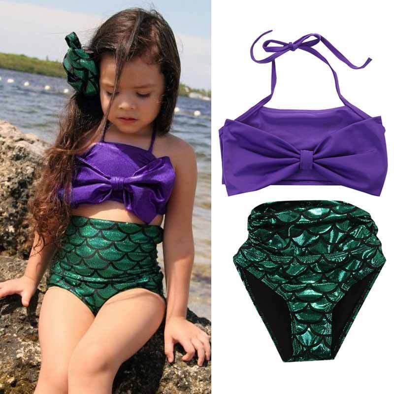 UK Girls Kids Mermaid Swimmable Bikini Swimwear Swimsuit Swimming Costume Set