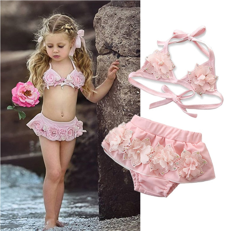 2019 Summer Baby Girls Swimsuits Pink Floral Two Piece Swimwear For Girl Imitation Pearls Bikini Set Children Swimming Suit Kids