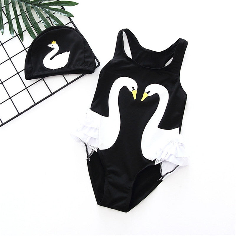 2019 New Toddler Kids Swan Flamingo Bathing Suit Swimwear One Piece Baby Girls Bodysuit with Swimming Cap